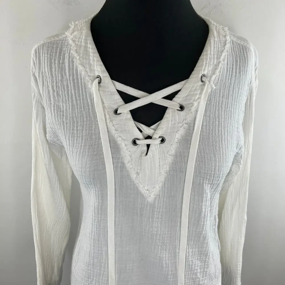 Cloth & Stone White Cotton Gauze Lace Up Neck Long Sleeve Top Blouse X-Small XS